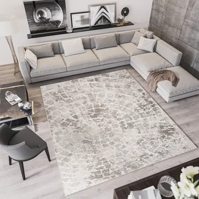 Produktbild von Teppich Kurzflor Modern Design Schlafzimmer Wohnzimmer Vintage Meliert Grau Creme  140 x 200 cm