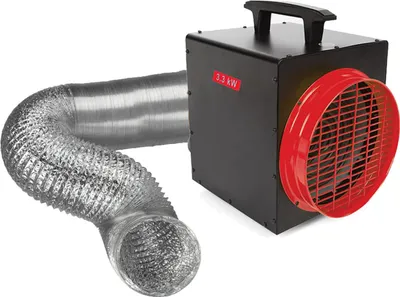 A black electric heater with a silver flexible hose attached, shown against a white background.