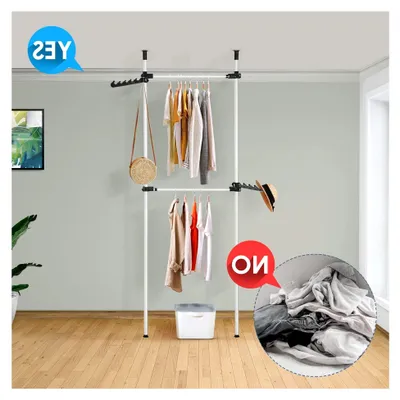 Produktbild von Teleskop Garderoben System mit 2 Kleiderstangen Kleideraufbewahrungssystem Regalsystem Kleiderständer Flache Wand Regalsystem ohne Bohren Weiß