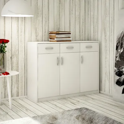 Image de Commode 3 tiroirs et 3 portes finition mate, commode 110cm bois armoire commode avec tiroirs blanc