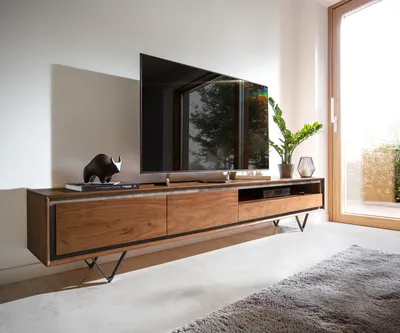 Produktbild von DELIFE Lowboard Stonegrace 240 cm Akazie Braun Steinfurnier 2 Türen 2 Schubladen 1 Fach V-Fuß Schwarz