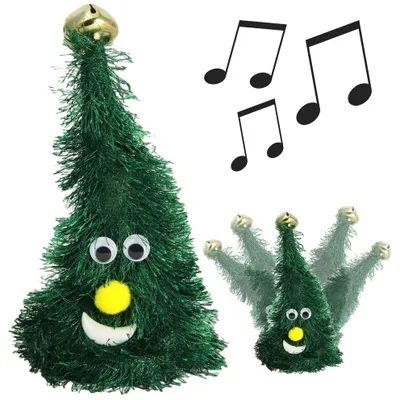 A singing Christmas tree decoration with googly eyes and a smiling face, shown in two poses, with musical notes indicating it sings.