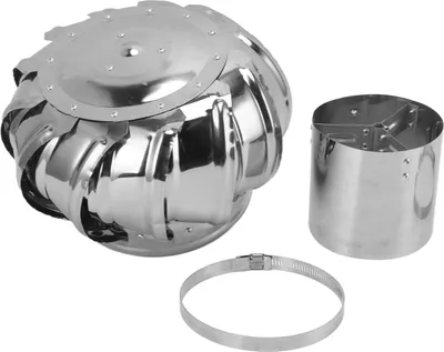 A stainless steel turbine roof vent and its components are displayed against a white background.