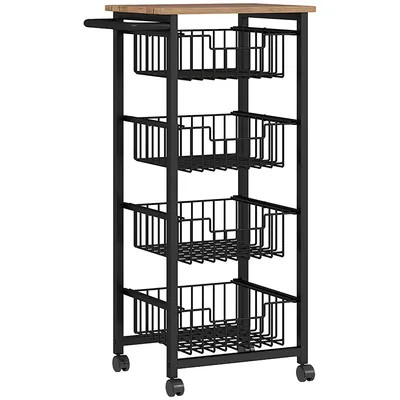 Produktbild von 4-stufige Küchenwagen auf Rädern, Rollbarer Servierwagen, Küchen-Trolley mit 4 Stahlkörben, Servierwagen