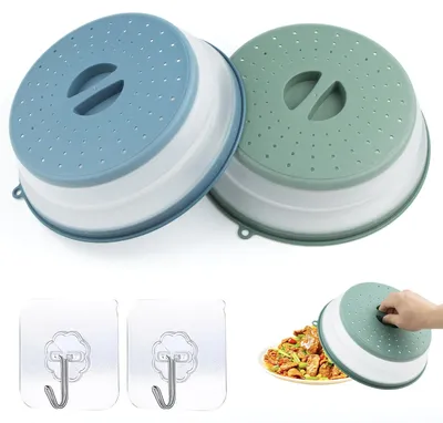 Image de Couvercles pliables pour micro-ondes – Couvercle anti-éclaboussures de 26,5 cm avec crochet et grille d'aération – Résistant à la chaleur – Peu encombrant pour les micro-ondes, les fruits et les légumes (vert + bleu) – Sans BPA