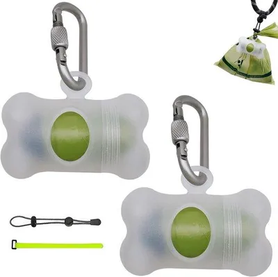 Productafbeelding van Ibenzoa® Kotzakdispenser in botvorm, set van 2 stuks met 30 geurzakjes, 60 gram, met schroefkarabijnhaak, sleutelhanger en klittenband – voor handsfree gebruik tijdens het uitlaten