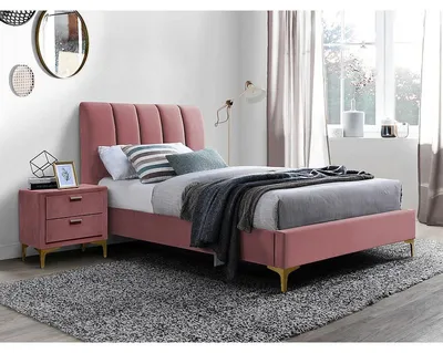 Image de Lit simple en velours avec un sommier - Rose - Pieds en métal dorée - L 200 x l 90 cm