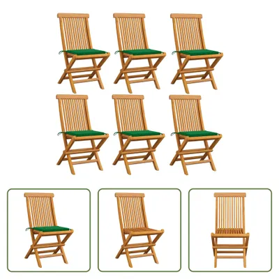 Produktbild von The Living Store Gartenstühle mit Grünen Kissen 6 Stk. Massivholz Teak