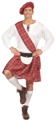 Schottisches Herren-Kostüm: Kilt, Bluse, Mütze, Schal