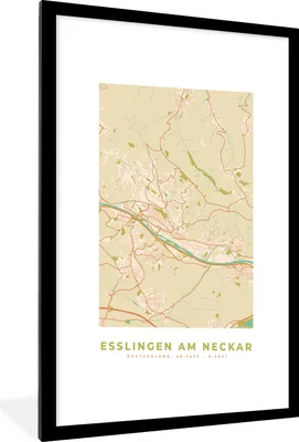 Produktbild von MuchoWow® Gerahmtes Poster Esslingen am Neckar - Karte - Vintage - Stadtplan 60x90 cm - Poster mit Schwarzem Bilderrahmen Wandposter Rahmen Foto Bilder - Dekoration - Wandposter Wohnzimmer - Hochwertig