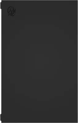A plain black surface with a small logo in the top left corner.