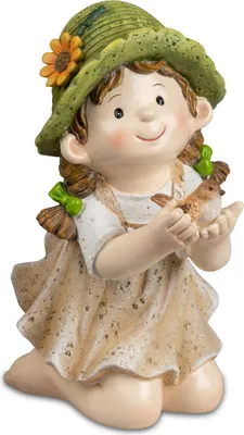 Produktbild von Deko Wichtel Kind Figur Mädchen mit Vogel Tier Garten Junge Skulptur Zwerg