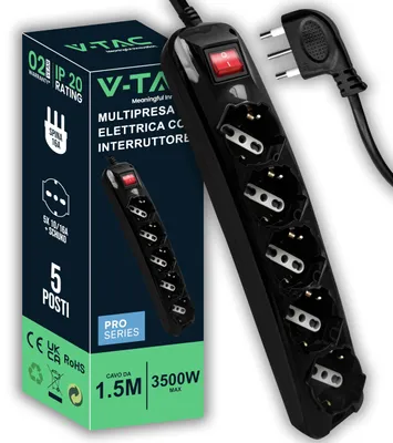 Image de Multiprise électrique V-TAC, noire, avec 5 prises et interrupteur, et d'une longueur de 1,5 mètres