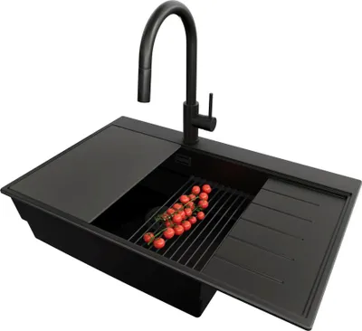 Produktbild von PRIMAGRAN Granitspüle Alles Schwarz 78x50cm, Spülbecken 1 Becken + Ablauf-Set + Küchenzubehörset, Küchenspüle ab 60er Unterschrank - Sydney