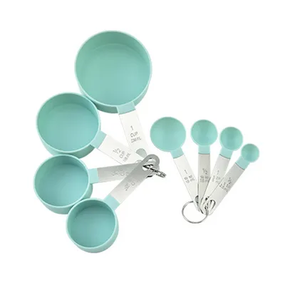 Produktbild von Messbecher und Löffel-Set, 8-teiliger stapelbarer Edelstahlgriff, genauer Esslöffel zum Messen trockener und flüssiger Zutaten, kleiner Teelöffel mit Kunststoffkopf, blau