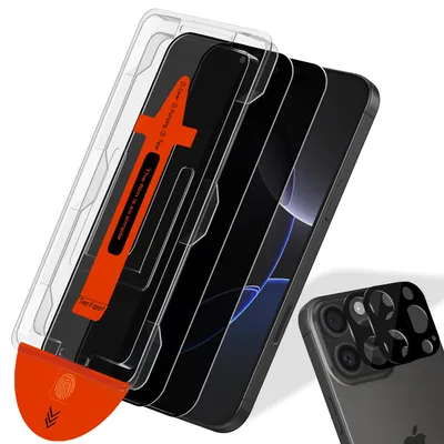 Zdjęcie produktu dla 2-pak iPhone 16 Pro Szkło ochronne na ekran Privacy & 2-pak ochrona obiektywu - Szkło hartowane | [Automatyczna instalacja] - Bez bąbelków