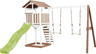 Produktbild von AXI Beach Tower Spielturm aus Holz in Braun & Weiß | Spielhaus für Kinder mit hellgrüner Rutsche, Doppelschaukel und Sandkasten | Stelzenhaus für den Garten