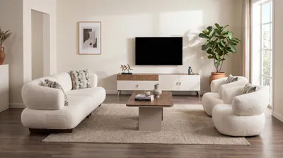 Image de Ensemble de salon moderne beige, comprenant un canapé 3 places, une chaise et une fauteuil, pour un intérieur confortable