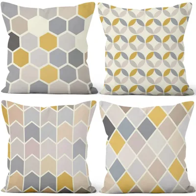 Kissenbezüge 4er-Set 40x40 cm geometrisch gelbgrau Plüsch