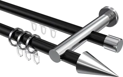 Produktbild von Interdeco Rundrohr-Innenlaufstange / Gardinenstange (Kombination) Schwarz / Chrom, Typ Platon Savio (Kegel), 20 mm Ø 2-läufig, 360 cm