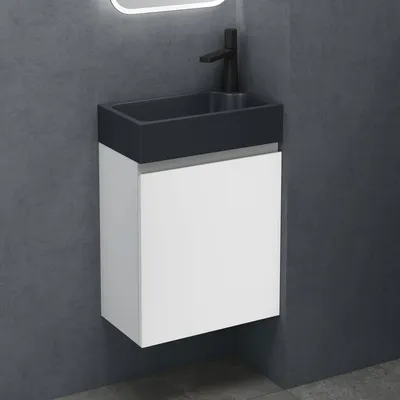 Image de doporro Petit Meuble de Salle de Bain Suspendu 46cm Blanc Mat Ensemble de 2 Pièces Meuble avec Lavabo Solid Surface Design Pisa02