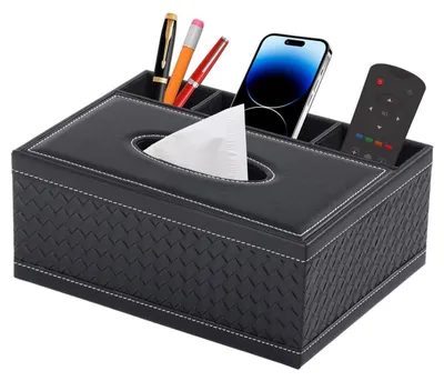 Immagine prodotto di Contenitore per fazzoletti in ecopelle, con scomparto per telecomando, intrecciato nero, dimensioni 25,5 x 18,4 x 10 cm