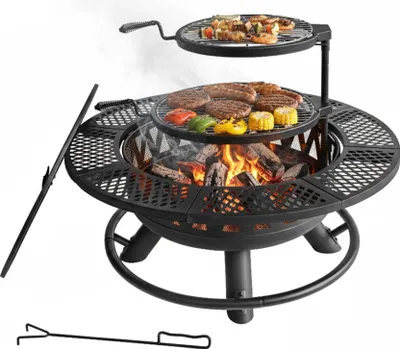 Obrázok produktu pre Relaxdays ohnisko, Ø 92 cm, 2 nastaviteľné rošty na grilovanie, veko, pohrabáč a kryt, záhradné ohnisko, čierne