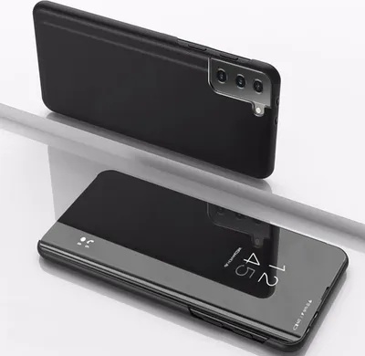 A black phone case with a clear view flip cover is shown from two angles.