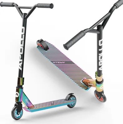 Two Apollo stunt scooters are shown against a white background. One scooter is fully assembled and standing upright, while the other is shown with its deck and handlebars separated.
