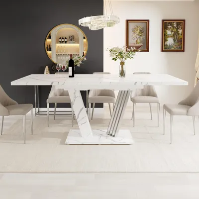 Produktbild von Ausziehtisch mit Marmorplatte 120-160x80x76 cm - Küchentisch mit ausziehbarem Blatt und Schmetterlings-Gestell für Küche & Wohnzimmer