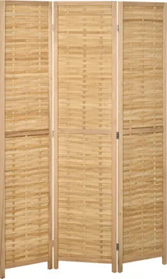 A three-panel folding screen made of bamboo.