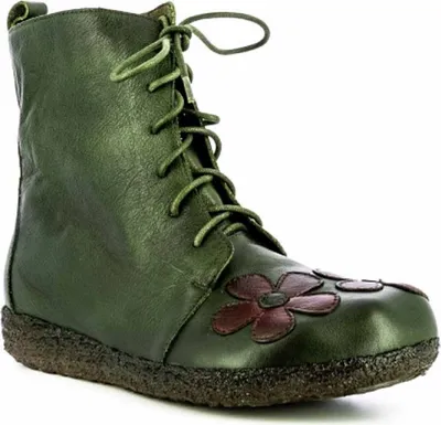 Produktbild von LAURA VITA Lederstiefelette grün-kaki mit roter Blumenapplikation, flach mit flexibler Laufsohle, Reißverschluss und Schnürung Größe 42 EU