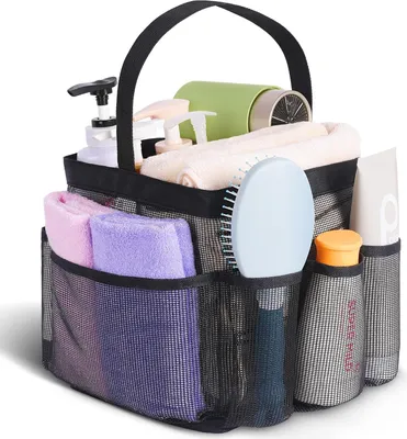 Produktbild von Duschkorb aus Netzgewebe mit 8 Taschen, tragbar, ideal für Studentenwohnheime, den Strand und das Fitnessstudio.