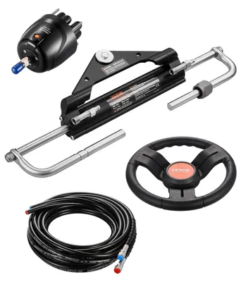 Imagen del producto de Sistema hidráulico de dirección para embarcaciones VEVOR, modelo 90PS, para embarcaciones marinas de una sola estación y un solo motor, con timón de 13,5 pulgadas, bomba de dirección, cilindro hidráulico y 2 mangueras de 26 pies. Incluye: cilindro de 150 HP, 2 mangueras de 26 pies, bomba de dirección y timón