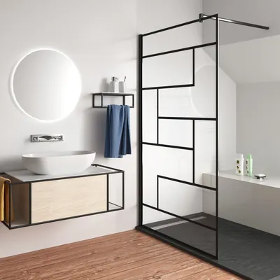 Produktbild von 90x200cm 8mm NANO ESG Glas schwarze Duschwand Walk In Duschabtrennung Duschkabine Glaswand +90cm Stabilisierungs Stange