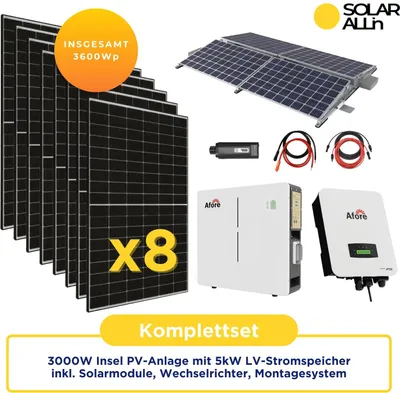 Produktbild von 3,6kWp/3,0kW Haushalt|Insel PV-Anlage autarkes Komplettset |5kWh LV-Stromspeicher |3,0kW Hybrid Wechselrichter |8 x JA-Solar Glas-Glas Module | Montagesystem