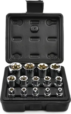 A set of Torx sockets in a black plastic case.
