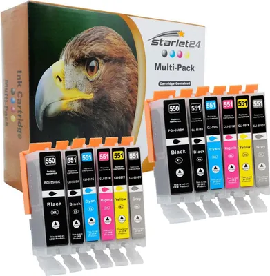 Image de jeu de 12 cartouches d'impression compatibles avec Canon PGI-550 CLI-551 - Pour Canon PIXMA iP-7200, iP-7250, MG-5550, iX-6850 (2x noir, 2x photoblack, 2x cyan, 2x jaune, 2x jaune, 2x bleu)