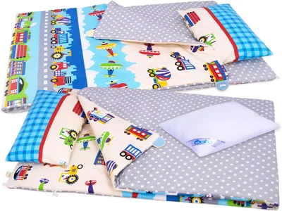 Zdjęcie produktu dla Pościel do przedszkola z wypełnieniem 220x80 cm zapinana pościel BOBO bawełna - kolorowe pojazdy