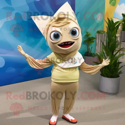Produktbild von Beigefarbener REDBROKOLY Fisch-Tacos Maskottchen Kostüm charakter bekleidet mit Yogahosen und Haarnadeln