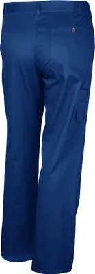 A back view of a pair of blue work pants.