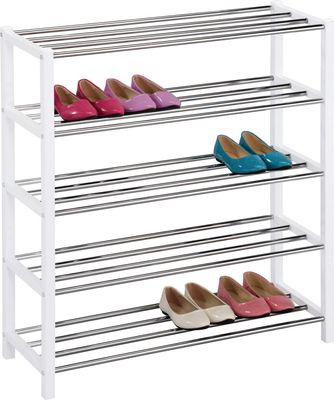 Schuhregal DUBLIN mit 5 Ablagen in weiß. Schuhaufbewahrung mit verchromten Ablagen. Modernes Design langlebig robust praktische Schuhablage