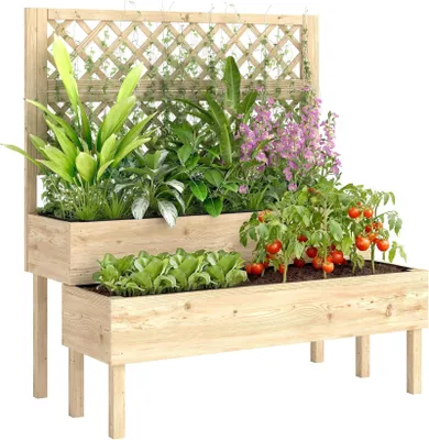 Produktbild von Hochbeet Holz mit Rankgitter 2-stufig 108x62x120 cm Blumenkasten Vlies Garten