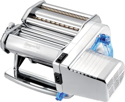 A chrome-plated electric pasta maker with blue accents.