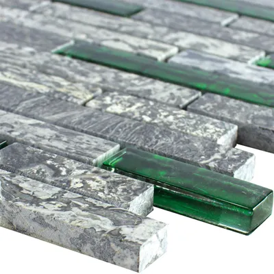 Produktbild von Glasmosaik Natursteinfliesen Manavgat Grau Grün Brick
