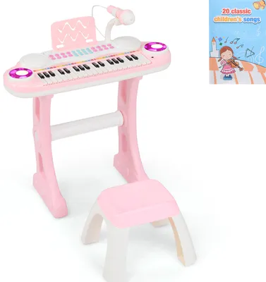 Obrázok produktu pre KOMFOTTEU Detský klavírny set 37 klávesov, elektronické piano so svetelnými efektmi a nastaviteľným mikrofónom, klaviatúra vrátane stoličky, klaviatúra 8 rytmov/tónov pre deti od 3 rokov (ružová)