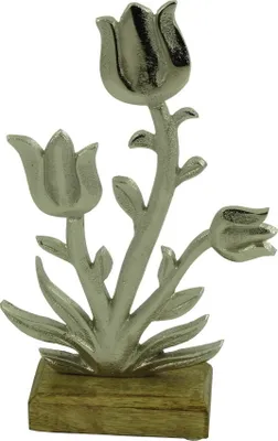 Produktbild von Deko Metall Blume auf Holz Sockel Figur Skulptur Objekt Metallblume Rose Tulpe