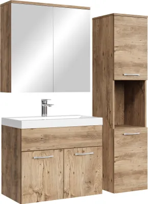 A bathroom vanity set with a sink, mirror cabinet, and a tall cabinet.