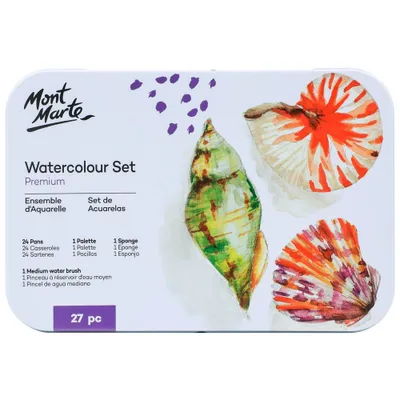 Produktbild von Mont Marte Aquarellfarben Set 24 Farben – Tragbares Malset mit Wassertankpinsel im Etui  – Ideal für Reisen, Urban Sketching & kreative Auszeiten