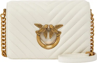 Produktbild von PINKO Leder Umhängetasche Abendtasche Love Click Mini Sheep Nappa Chevron White - Antique Gold creme